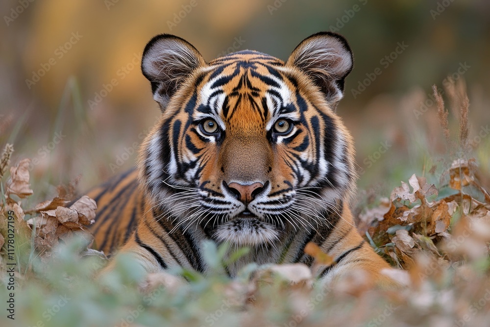 Obraz premium A tiger sits in grass, looking directly at the camera