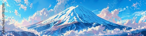 Majestic snow-covered mountain peak under a vibrant blue sky with fluffy clouds accentuating the serene winter landscape