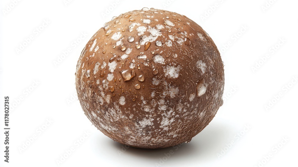A whole coconut with water droplets on its rough exterior on a white isolated background A whole coconut with water droplets on its rough exterior on a white isolated background