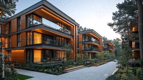Modern Wooden Apartment Complex Evening Illumination