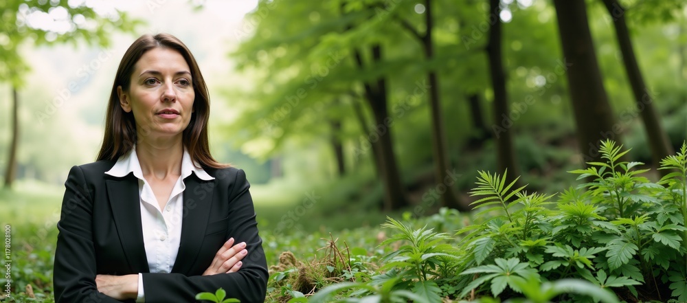 Eco-friendly business woman in a double exposure image within a lush green forest Eco-friendly business woman in a double exposure image within a lush green forest