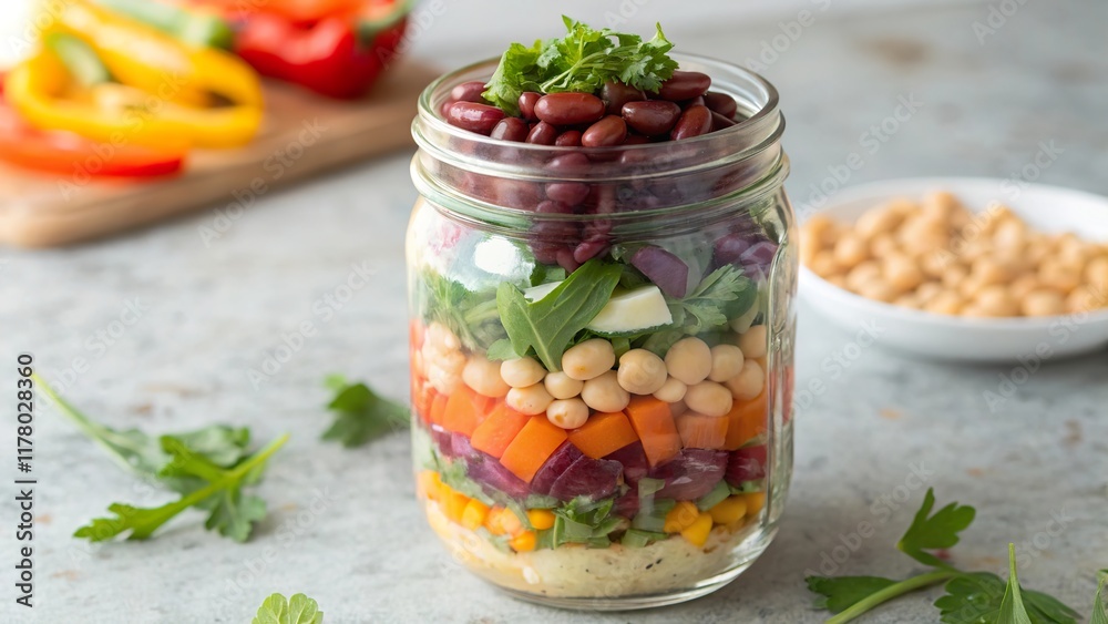 Colorful bean salad layered in a mason jar, perfect for a fresh and healthy meal on the go Colorful bean salad layered in a mason jar, perfect for a fresh and healthy meal on the go