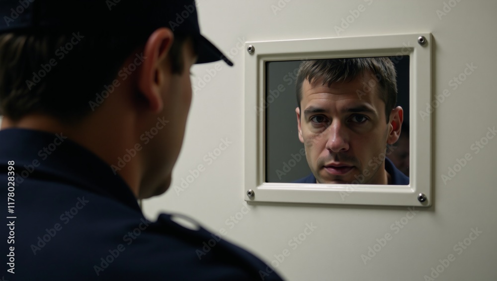 Fototapeta premium Officer observes inmate behind barred window emphasizing surveillance and vigilance of prison security