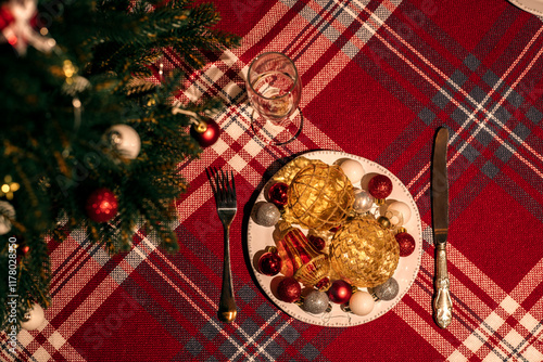 Christmas tree and plate with colorful festive balls are the table. photo