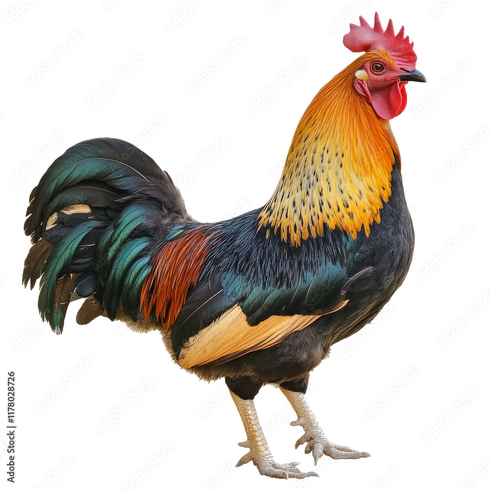 Fototapeta premium Colorful rooster standing proudly in vivid plumage