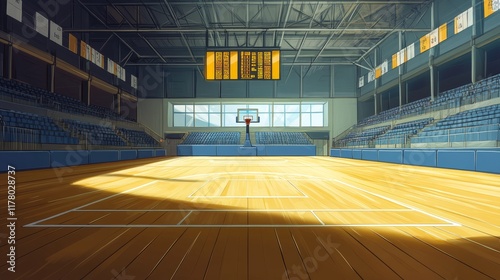 Empty basketball court cartoon illustration. Vector interior design of sports hall to play team games with rings and electronic score board on wall, volleyball net, spectator seats. College stadium photo