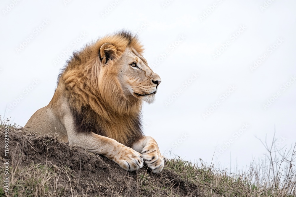 Obraz premium A lion sits atop a lush green hill, offering a serene view