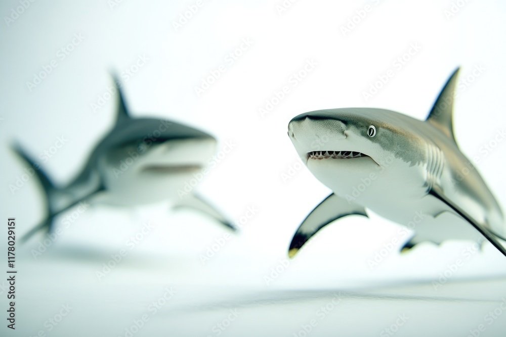Obraz premium Two small toy sharks on a clean white background, ideal for toys or underwater theme illustration