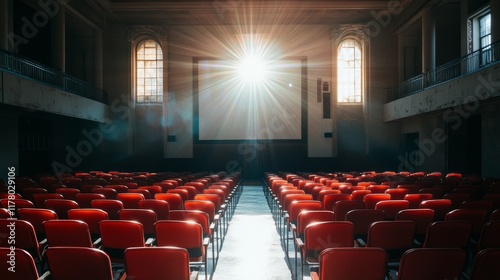 Movie theater hall with seat rows for audience and cinema projector. Vector cartoon illustration of empty auditorium interior with modern red chairs and light from projector