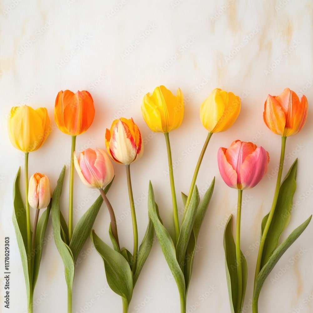 Fresh tulips arranged on a white marble surface, perfect for spring or Easter themed designs Fresh tulips arranged on a white marble surface, perfect for spring or Easter themed designs