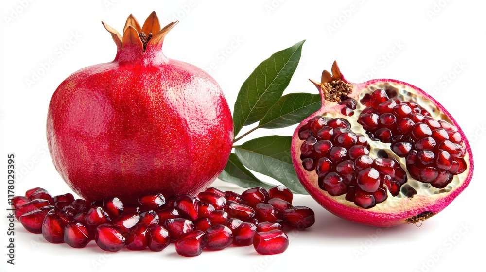 A whole pomegranate with its shiny red skin on a white isolated background A whole pomegranate with its shiny red skin on a white isolated background