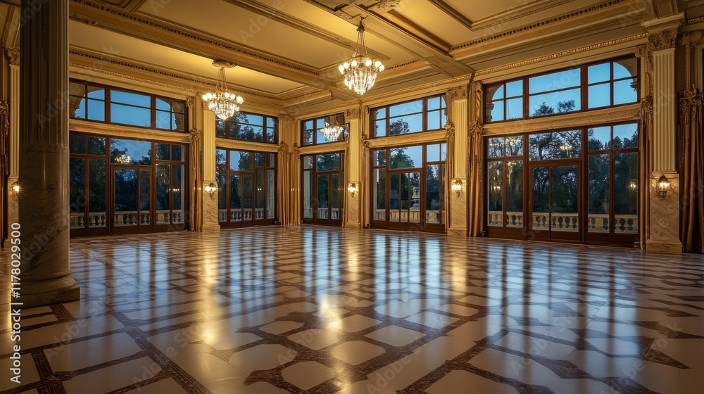 Castle ballroom, night empty palace hall interior with glowing lamps, floor-to-ceiling window and curtains. Room with marble pillars and tiled floor, antique architecture. Cartoon vector Illustration