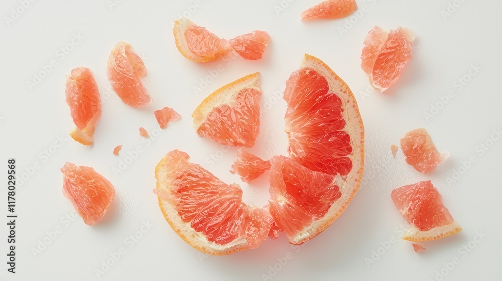 A peeled grapefruit with segments and juicy pink interior on a white isolated background A peeled grapefruit with segments and juicy pink interior on a white isolated background