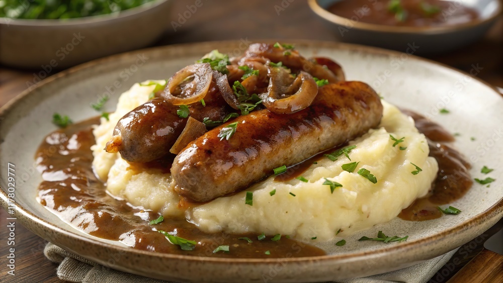 Savoring bangers and mash on a rustic plate with rich gravy and caramelized onions in a cozy dining setting