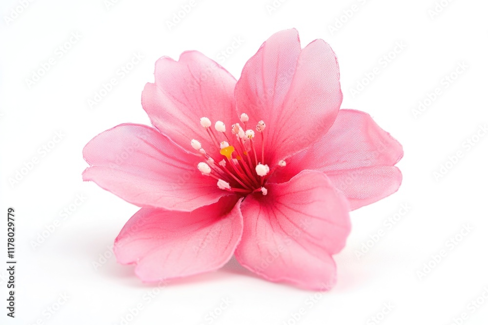 A close-up view of a bright pink flower sitting on a clean white surface A close-up view of a bright pink flower sitting on a clean white surface