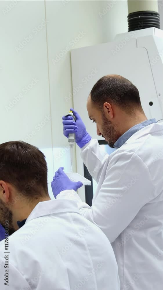 vertical two Scientists using micropipettean microscope in laboratory research experiment