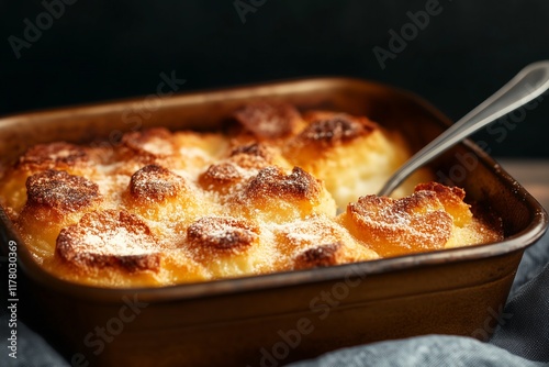 erfectly golden and crispy roast potatoes, served in a rustic baking tray with a spoon, rich textures and vibrant warmth, golden brown tones with a cozy setting. photo