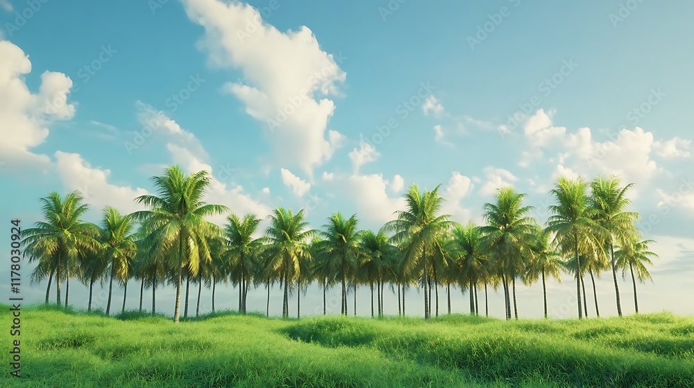 Naklejka premium Beautiful Coconut Palm Tree Plantation Under Bright Blue Sky and Fluffy White Clouds