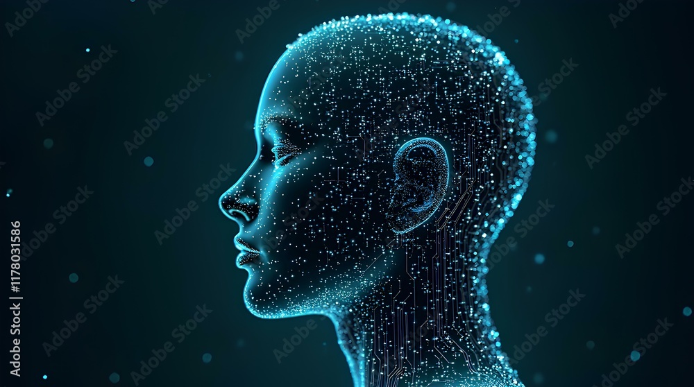 A futuristic digital silhouette of artificial intelligence technology innovation 3D human robot head of computing deep machine learning or quantum data science algorithm AI electronic virtual brain A futuristic digital silhouette of artificial intelligence technology innovation 3D human robot head of computing deep machine learning or quantum data science algorithm AI electronic virtual brain