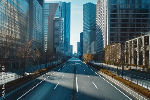 A city street with tall buildings in the background