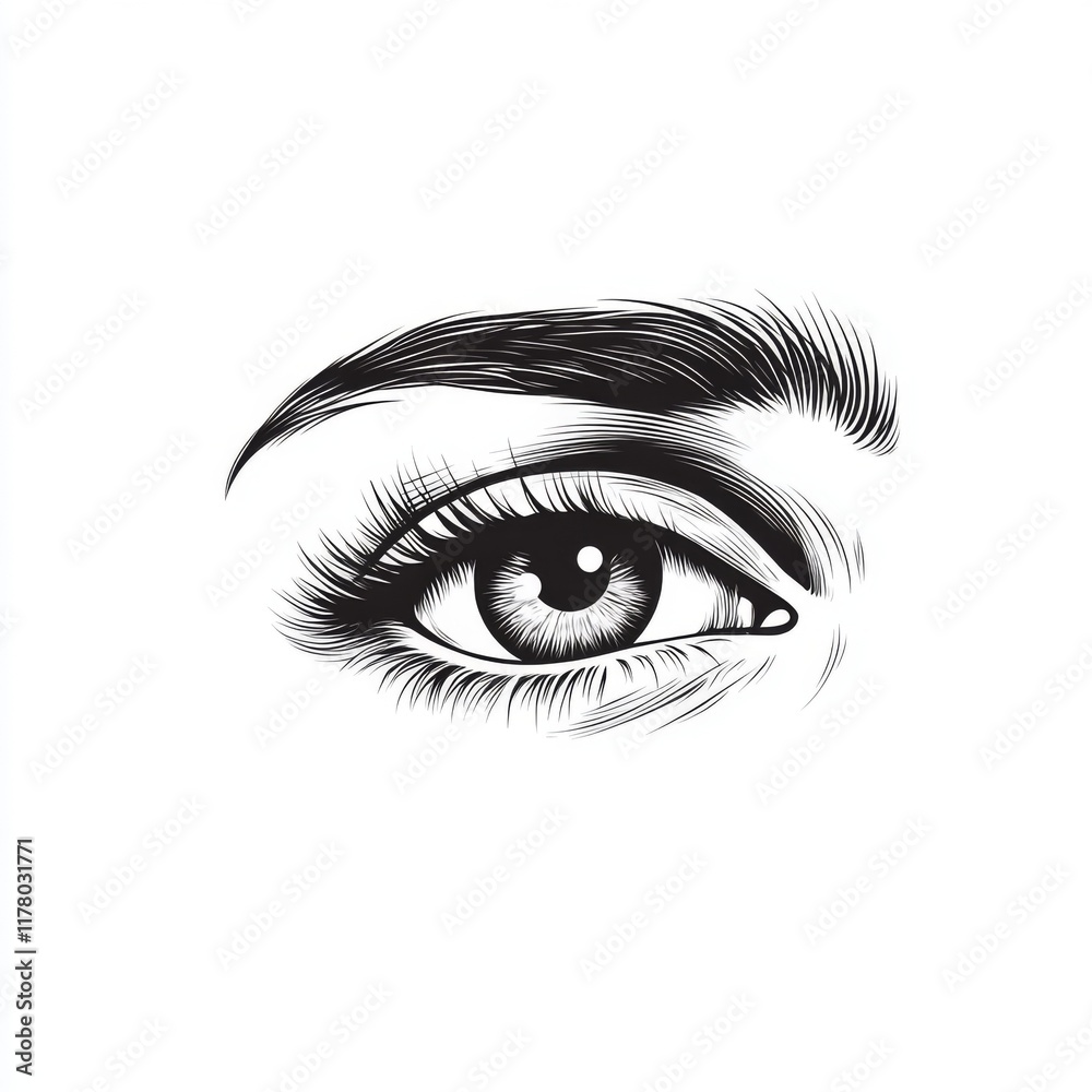 Close-up black and white illustration of a woman's eye with eyebrow and lashes. Close-up black and white illustration of a woman's eye with eyebrow and lashes.