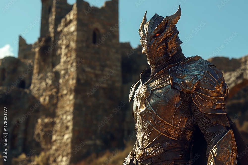 Dragonborn warrior in armor stands heroically before an ancient castle in epic fantasy style