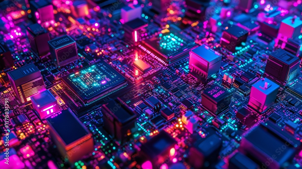 New Technologies: A kaleidoscopic blend of circuit boards, microchips, and glowing neon lights New Technologies: A kaleidoscopic blend of circuit boards, microchips, and glowing neon lights