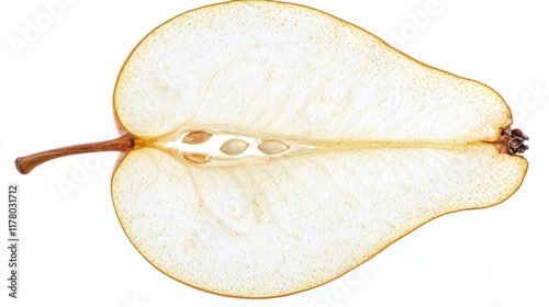 A sliced pear with a smooth texture and seeds visible on a white isolated background