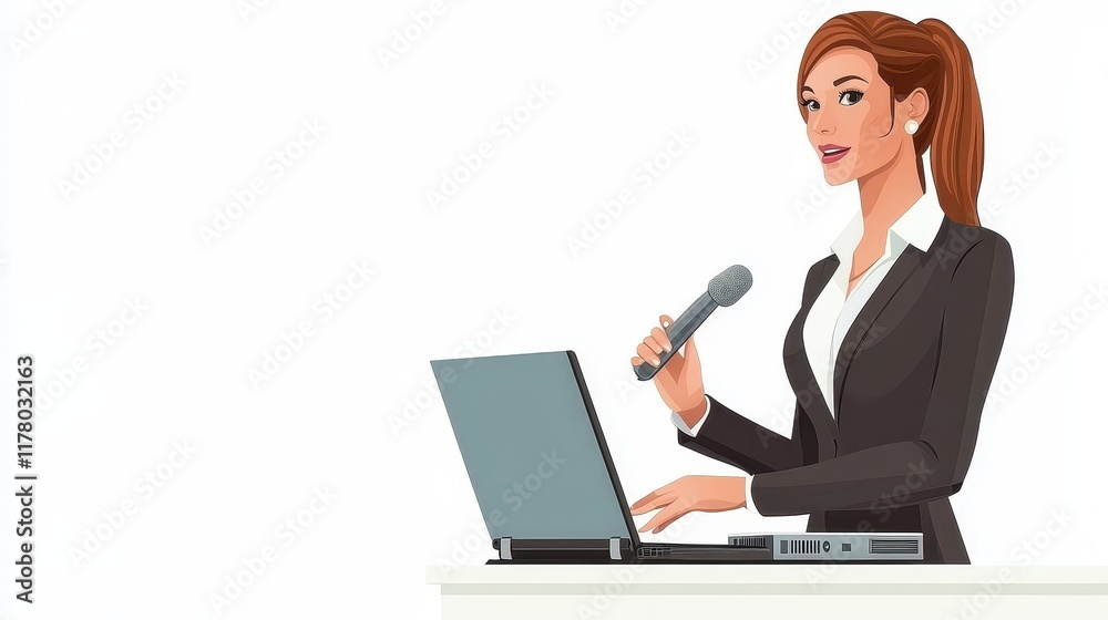 A businesswoman giving a presentation with a laptop and projector on a white isolated background A businesswoman giving a presentation with a laptop and projector on a white isolated background