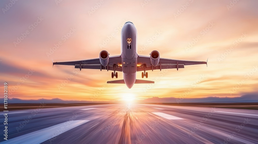 Fototapeta premium Majestic Airplane Taking Off at Sunset Over the Runway