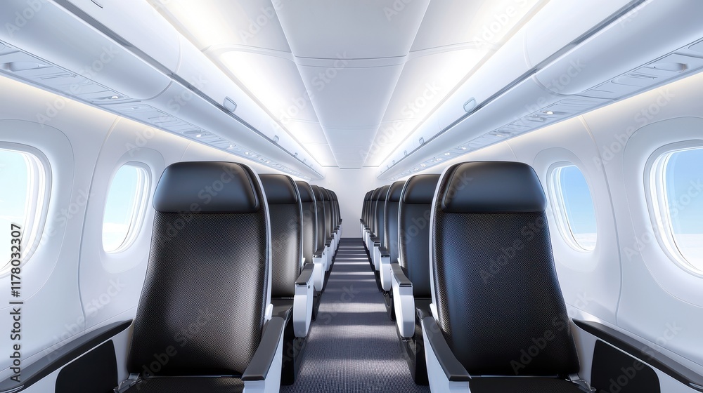 Modern Airplane Interior Featuring Rows of Comfortable Black Seats Modern Airplane Interior Featuring Rows of Comfortable Black Seats