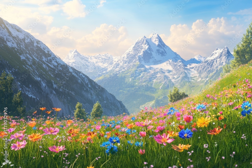 Fototapeta premium Vibrant alpine meadow with colorful wildflowers, rolling hills, and majestic snow capped mountains