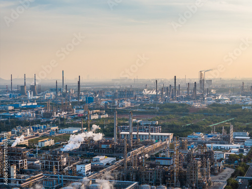 Aerial view of twilight of oil refinery  photo