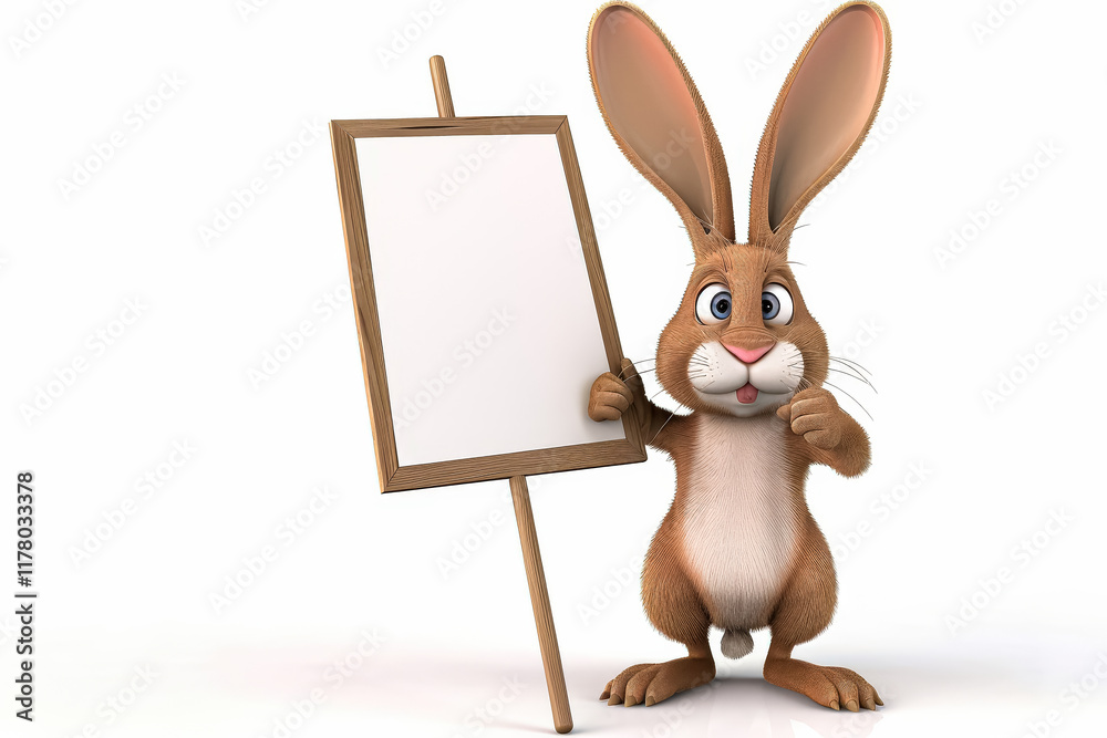 Obraz premium Rabbit is standing in front of a white board with a thumbs up sign.
