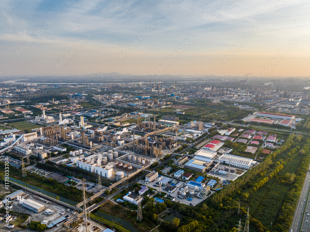 Aerial view of twilight of oil refinery Aerial view of twilight of oil refinery