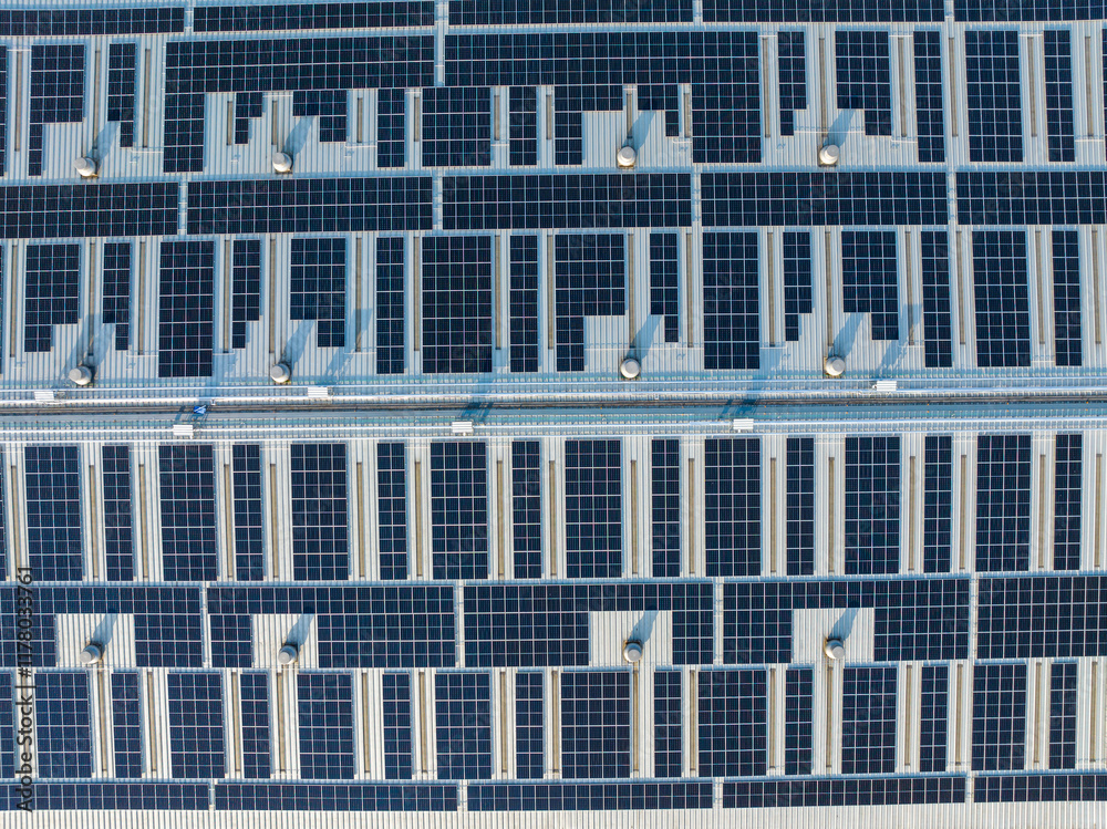 Aerial view of solar energy panels on the roof Aerial view of solar energy panels on the roof