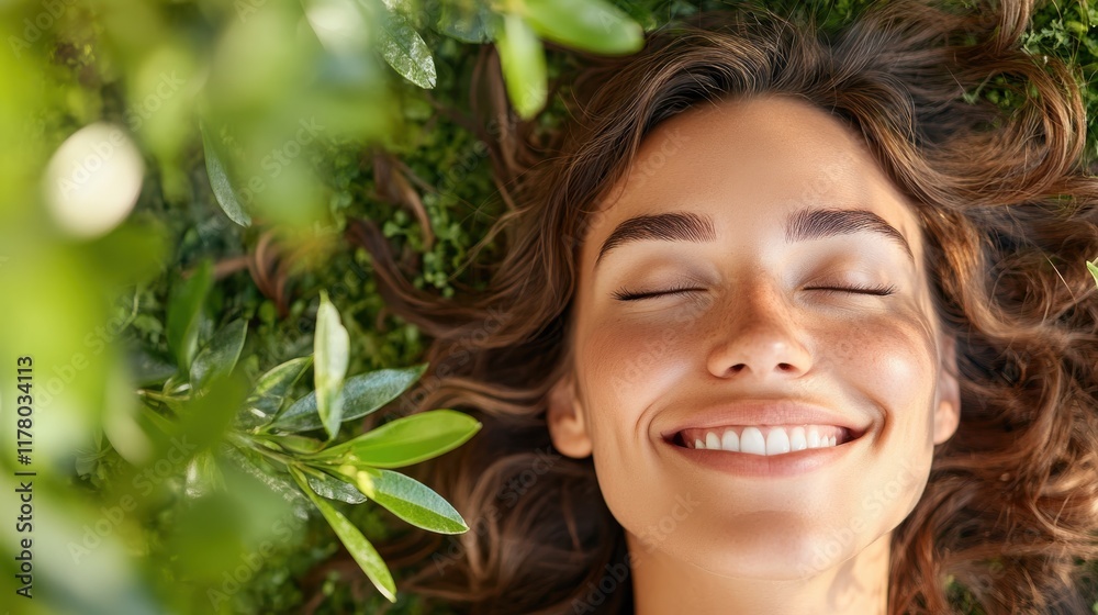 Joyful woman lying on greenery, embracing nature's tranquility on a sunny day Joyful woman lying on greenery, embracing nature's tranquility on a sunny day