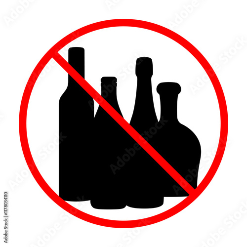 Prohibited alcohol consumption sign. Vector illustration of bottles of drinks with red prohibition circle and slash, symbolizing no drinking allowed
