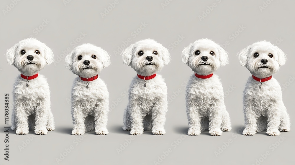Five Adorable White Dogs with Red Collars Sitting in Perfect Studio Lighting Five Adorable White Dogs with Red Collars Sitting in Perfect Studio Lighting