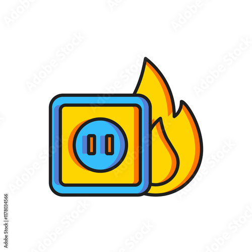 Color Electric wiring of socket in fire icon isolated on white background. Electrical safety concept. Plug outlet on fire. Flat filled outline style with shadow. Vector
