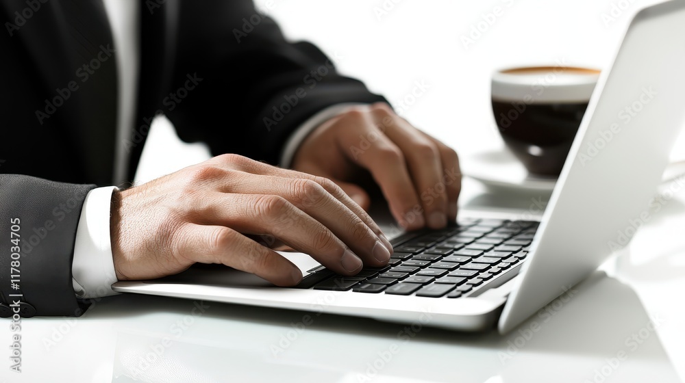 A close-up of a businessman hands typing on a laptop with a cup of coffee on the desk on a white isolated background A close-up of a businessman hands typing on a laptop with a cup of coffee on the desk on a white isolated background