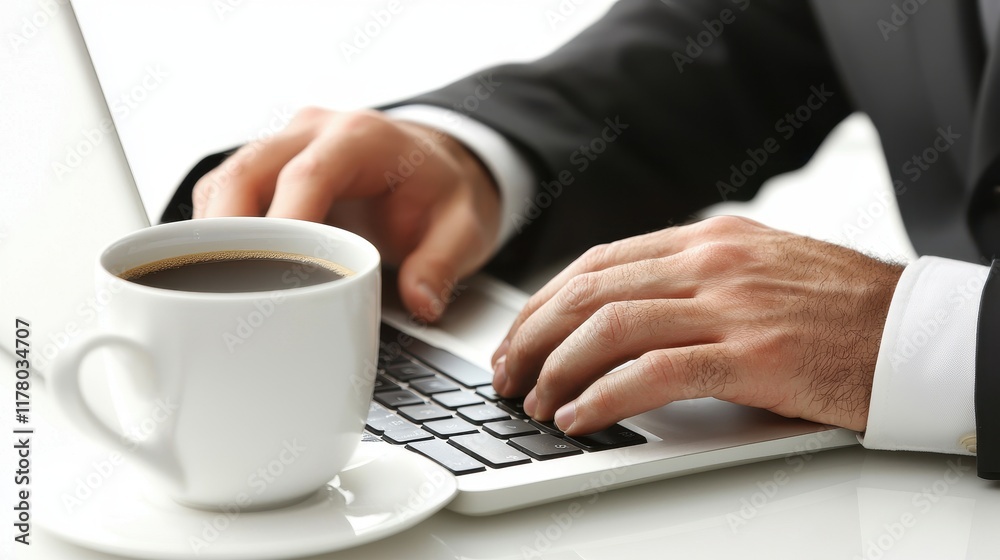 A close-up of a businessman hands typing on a laptop with a cup of coffee on the desk on a white isolated background A close-up of a businessman hands typing on a laptop with a cup of coffee on the desk on a white isolated background