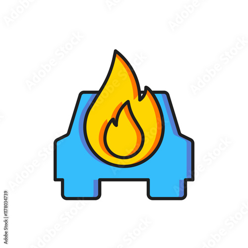 Color Burning car icon isolated on white background. Car on fire. Broken auto covered with fire and smoke. Flat filled outline style with shadow. Vector