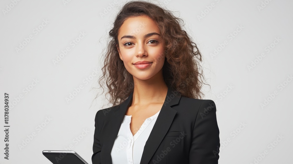 A businesswoman analyzing sales data on a tablet with a smartphone beside her on a white isolated background A businesswoman analyzing sales data on a tablet with a smartphone beside her on a white isolated background