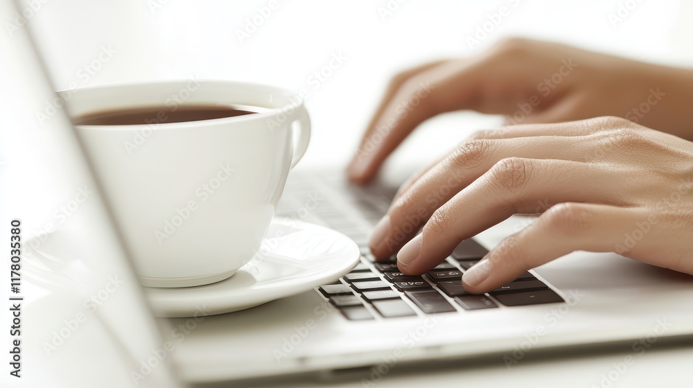 A close-up of hands typing on a laptop keyboard with a cup of coffee and a notebook on a white background A close-up of hands typing on a laptop keyboard with a cup of coffee and a notebook on a white background