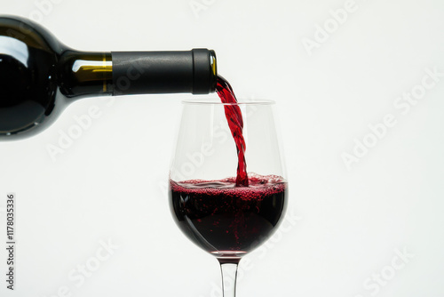 A bottle of red wine pours into a glass, creating a cascade of bubbles and vibrant color against a white background. photo