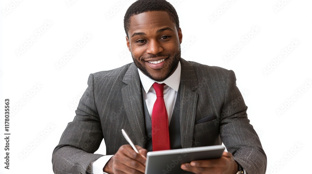 A businessman using a tablet and making notes on a white isolated background A businessman using a tablet and making notes on a white isolated background