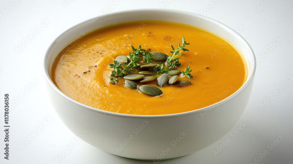 Hearty butternut squash soup with pumpkin seeds and thyme garnish in white bowl Hearty butternut squash soup with pumpkin seeds and thyme garnish in white bowl
