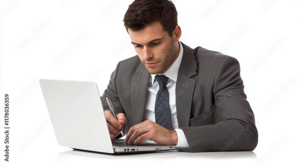 A businessman working on a laptop and reviewing a business proposal with a pen on a white isolated background A businessman working on a laptop and reviewing a business proposal with a pen on a white isolated background
