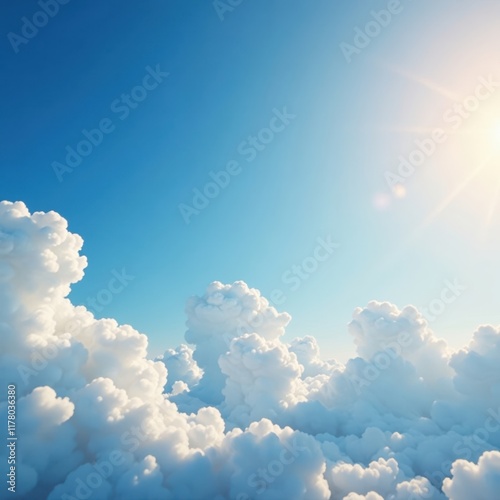 A flock of puffy white clouds float in the clear blue heavens, floating, sky, white